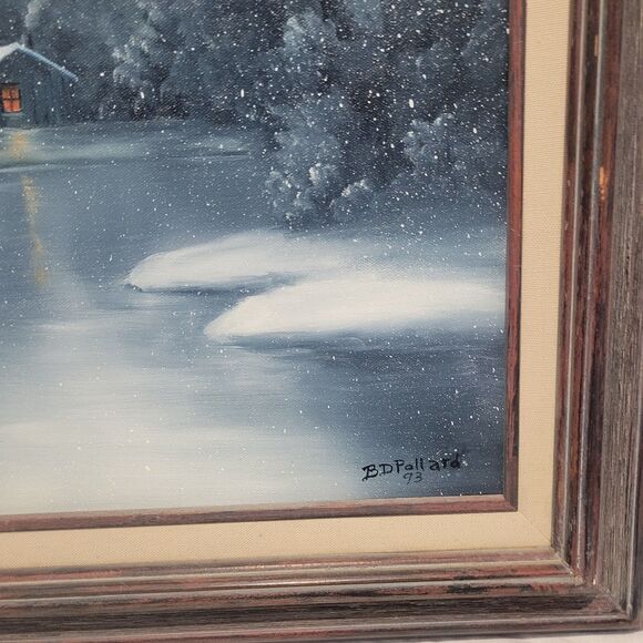 Vtg Oil Painting 25"x21" Canvas Snow Cabin stream Trees Water Sgn BD Pollard '93 - Picture 9 of 16